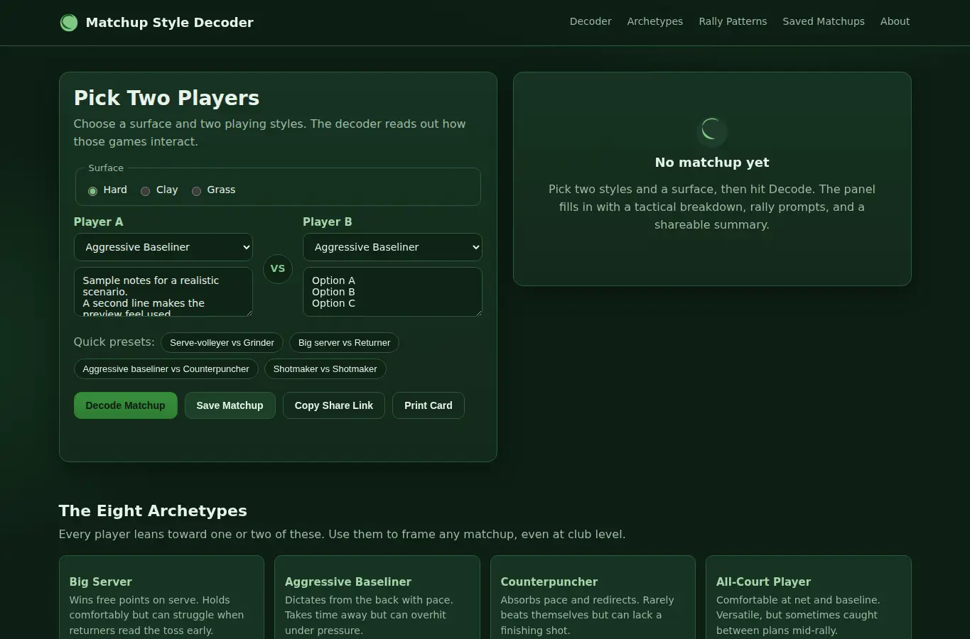 Screenshot of Tennis Matchup Style Decoder interface showing the project page in use
